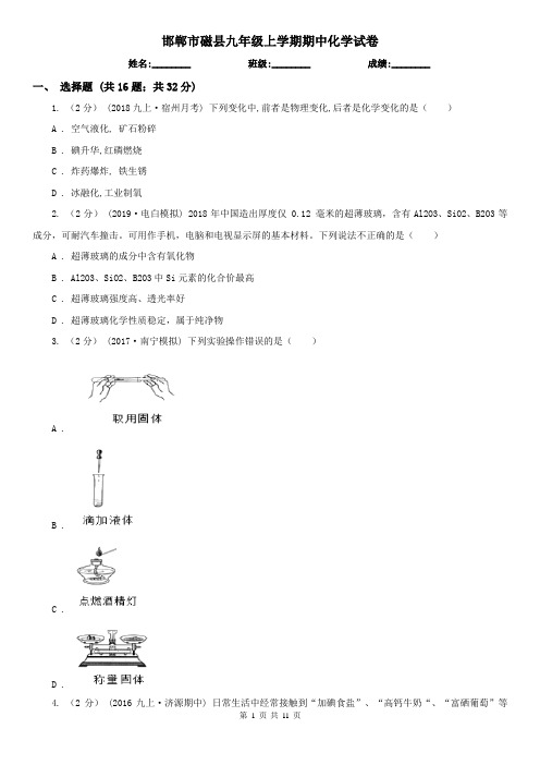 邯郸市磁县九年级上学期期中化学试卷