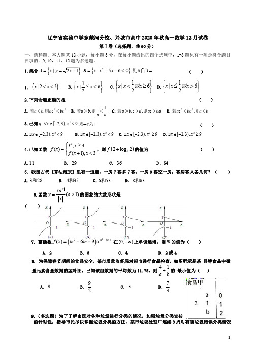 辽宁省实验中学东戴河分校、兴城市高中2020年秋高一数学12月试卷附答案解析