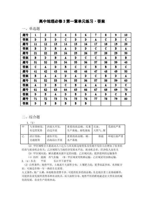 高中地理必修3 区域地理环境与人类活动 练习及答案