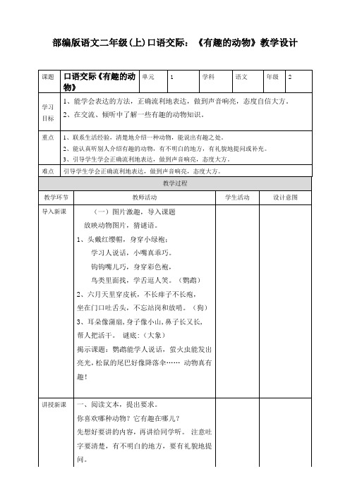 部编版语文二年级上册《口语 有趣的动物》教学设计