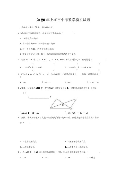 2020年上海市中考数学模拟试题(含答案)