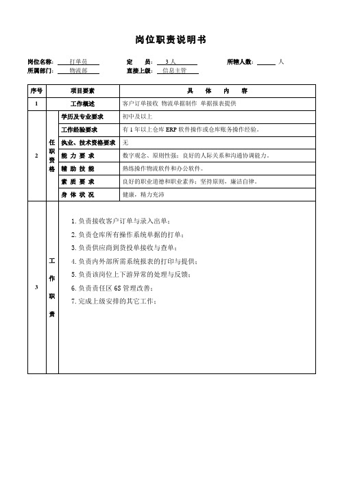 打单员岗位说明书