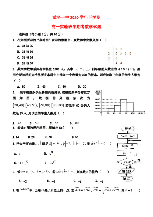 福建省武平县第一中学2020学年高一数学下学期期中试题(实验班)(无答案)