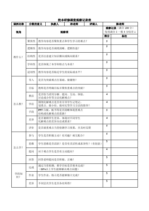 校本研修课堂观察记录表