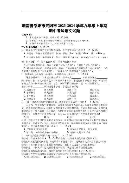 湖南省邵阳市武冈市2023-2024学年九年级上学期期中考试语文试题