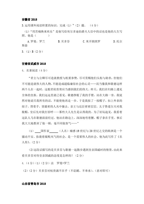 中考语文《名人传》名著阅读真题汇编(2018-2019)