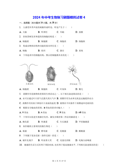 2024年中考生物复习刷题模拟试卷4(含答案解析)