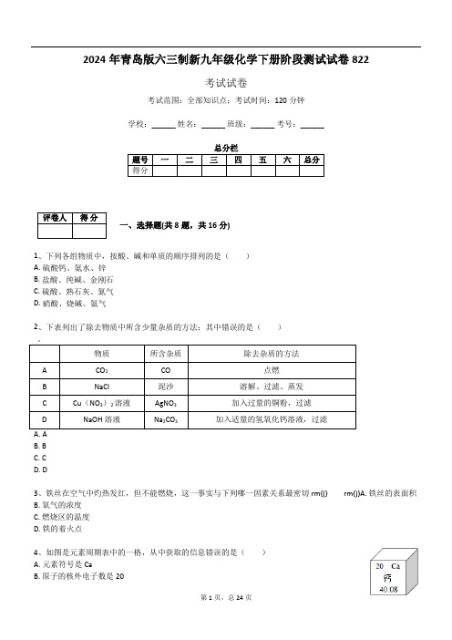 2024年青岛版六三制新九年级化学下册阶段测试试卷822