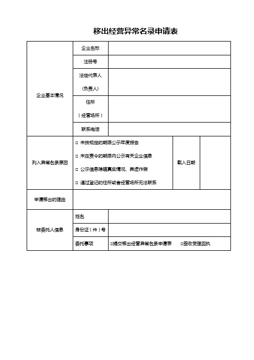 移出经营异常名录申请表(模板)