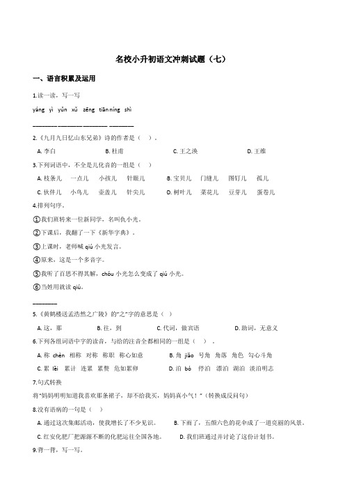 部编版 六年级下册语文试题-名校小升初冲刺试题(七)含答案