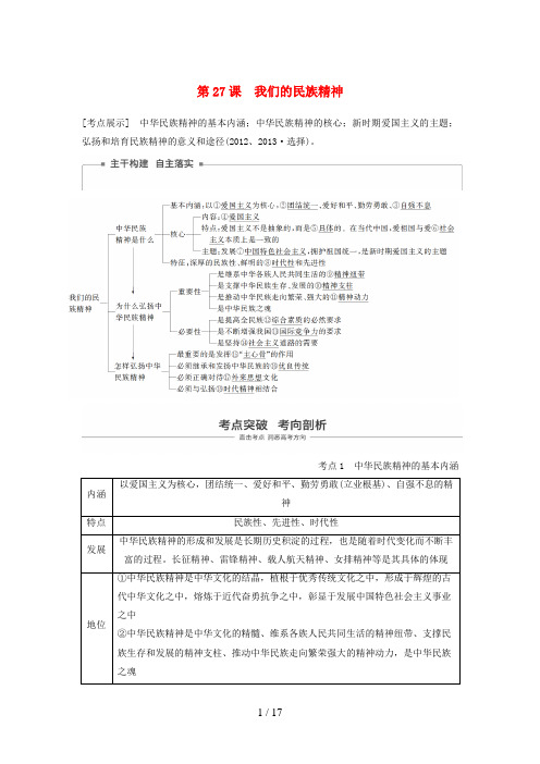 高考政治一轮复习第十一单元中华文化与民族精神第27课我们的民族精神讲义新人教版必修3