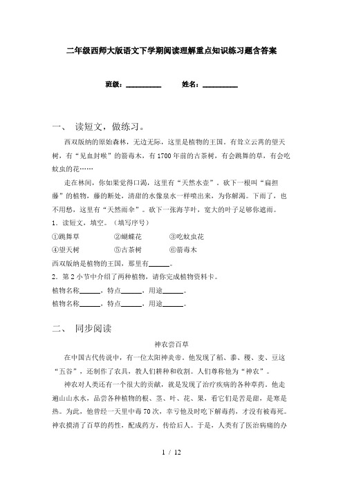 二年级西师大版语文下学期阅读理解重点知识练习题含答案