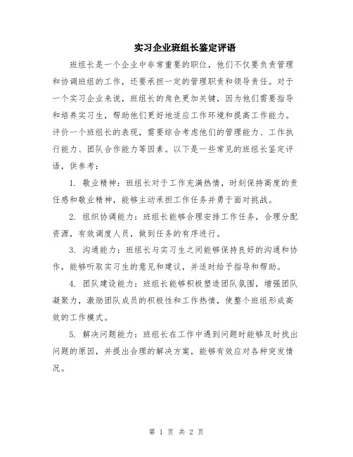 实习企业班组长鉴定评语