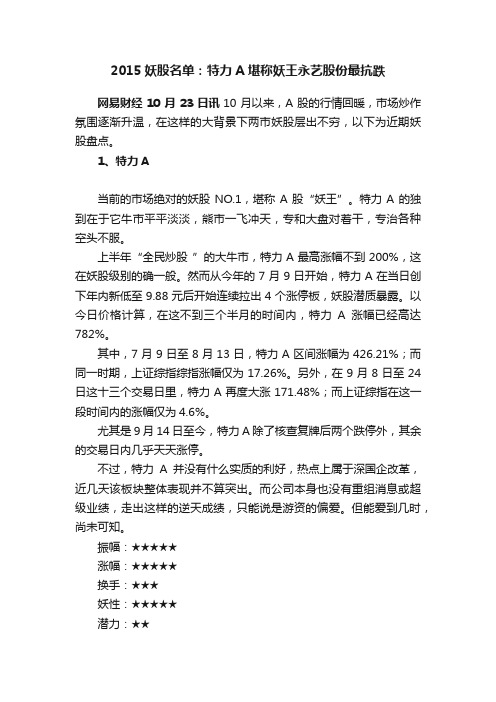 2015妖股名单：特力A堪称妖王永艺股份最抗跌