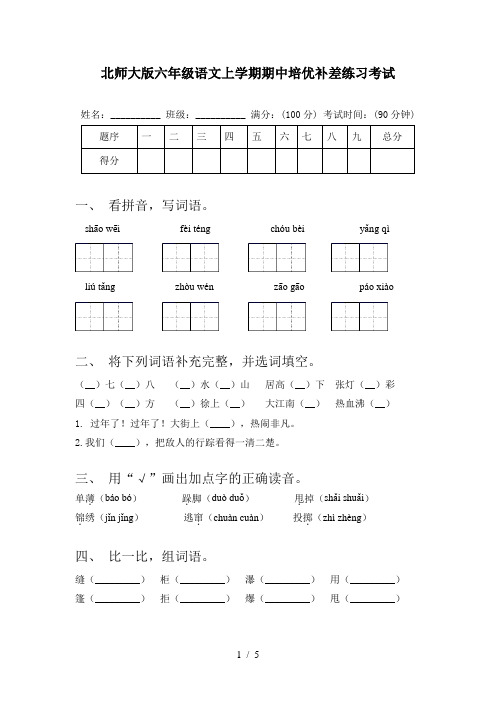 北师大版六年级语文上学期期中培优补差练习考试