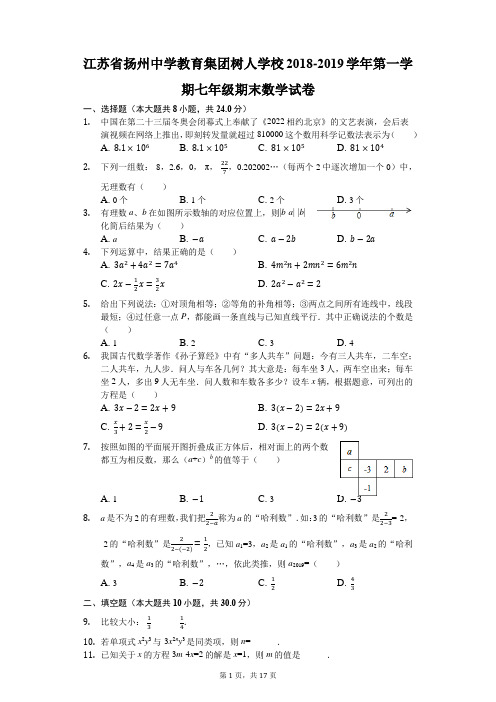 江苏省扬州中学教育集团树人学校2018-2019学年第一学期七年级期末数学试卷(解析版)