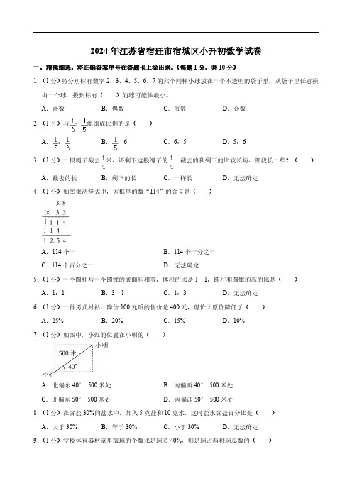 2024年江苏省宿迁市宿城区小升初数学试卷(含答案)