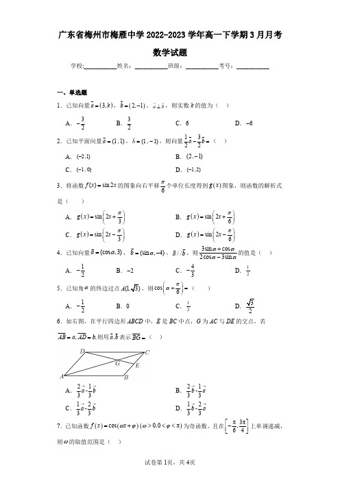 广东省梅州市梅雁中学2022-2023学年高一下学期3月月考数学试题