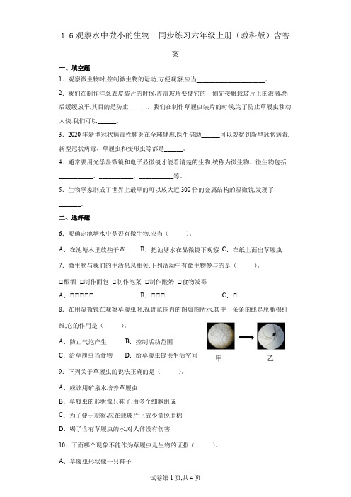 教科版(2017秋) 科学 六年级上册  观察水中微小的生物 同步练习(含答案)