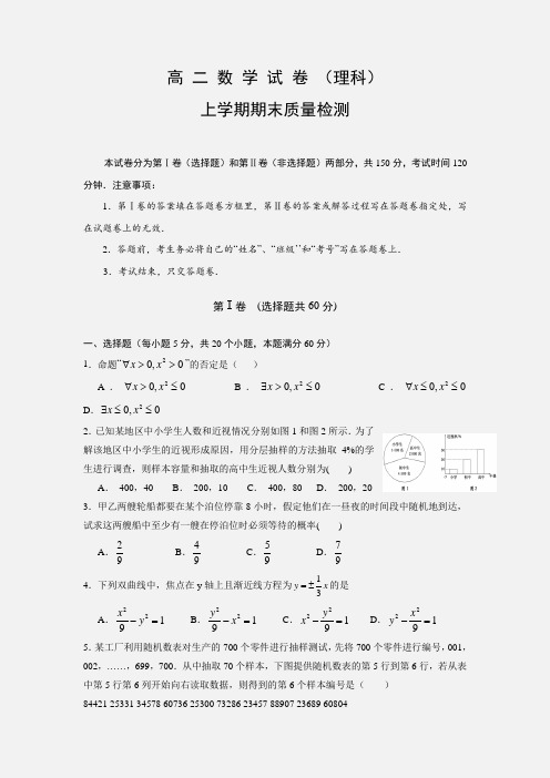 2019江西省高二上学期数学(理)期末质量检测试题