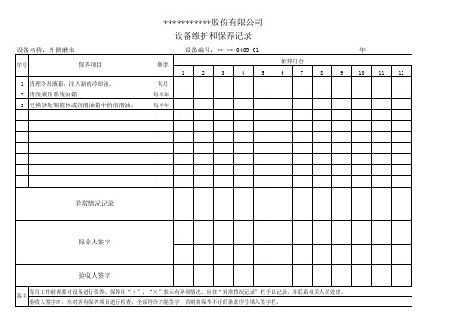 (外圆磨床)设备维护和保养记录