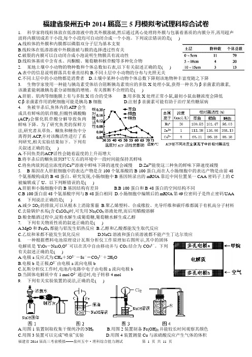 福建省泉州五中2014届高三5月模拟考试理科综合试卷