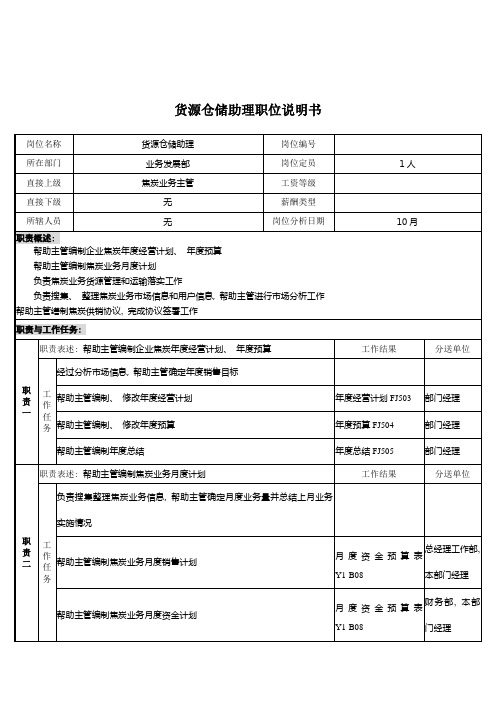 煤炭行业集团公司业务发展部货源仓储助理岗位说明书