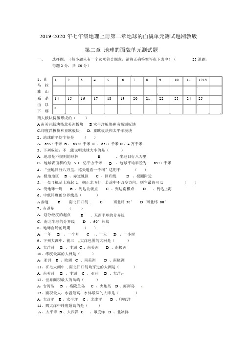 七年级地理上册第二章地球面貌单元测试题湘教版.doc