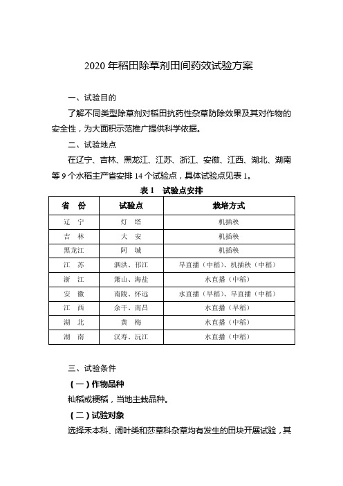 2020年稻田除草剂田间药效试验方案