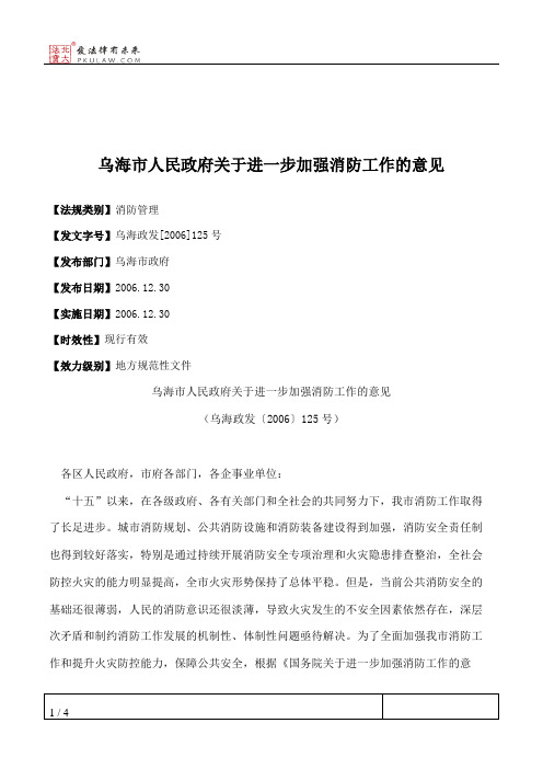 乌海市人民政府关于进一步加强消防工作的意见