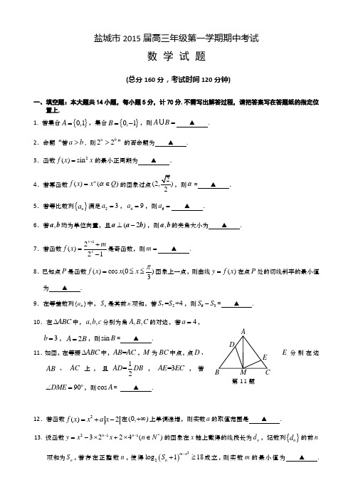 江苏省盐城市2015届高三上学期期中考试  数学 Word版含答案