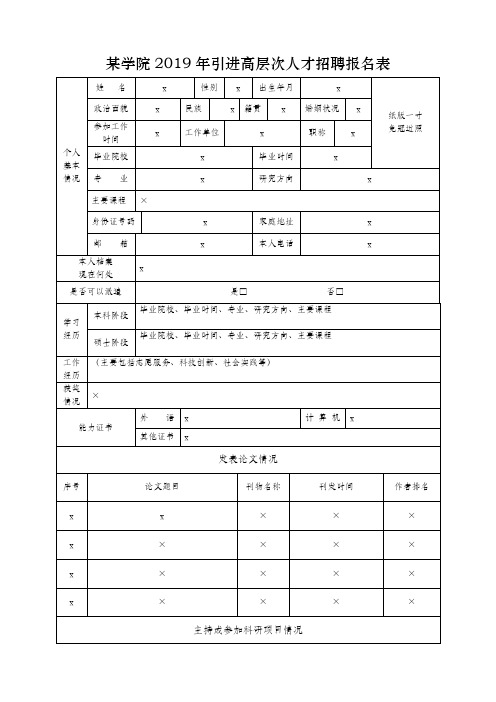 2019年学院引进高层次人才招聘报名表【表格模板】