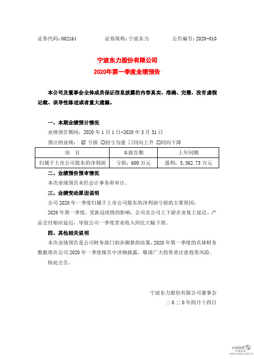 宁波东力：2020年第一季度业绩预告