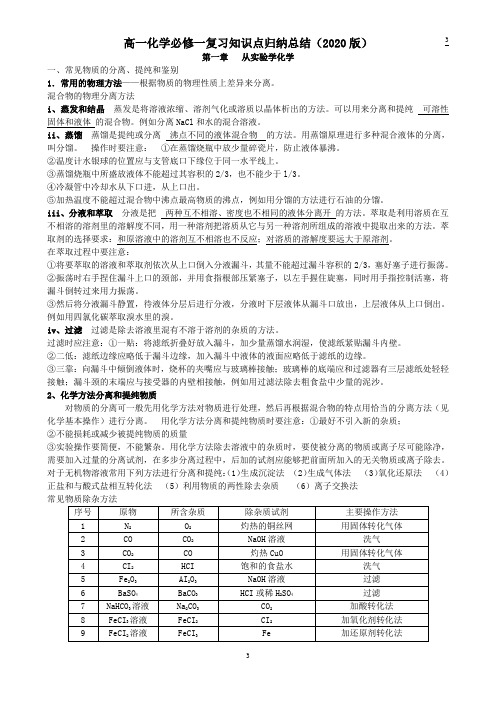 高一化学必修一复习知识点归纳总结(2020打印版)