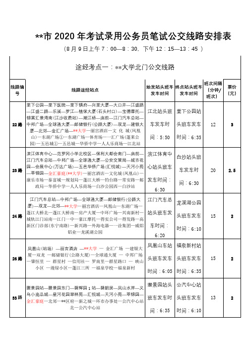 江门市2020年考试录用公务员笔试公交线路安排表【模板】