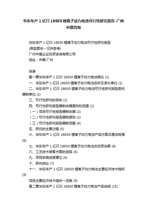 华东年产1亿只18650锂离子动力电池可行性研究报告-广州中撰咨询