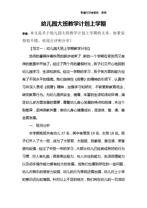 幼儿园大班教学计划上学期