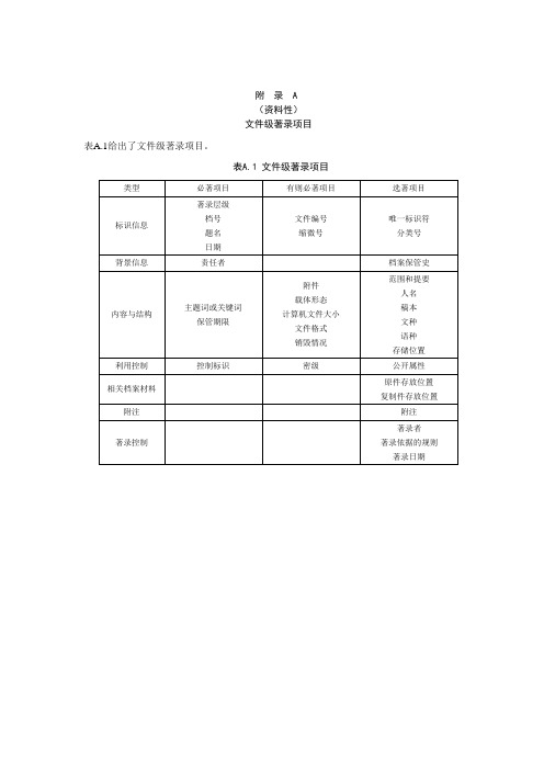 档案文件级、案卷级、类别级、全宗级著录项目、著录条目实例