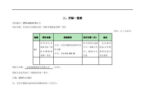 二、开标一览表