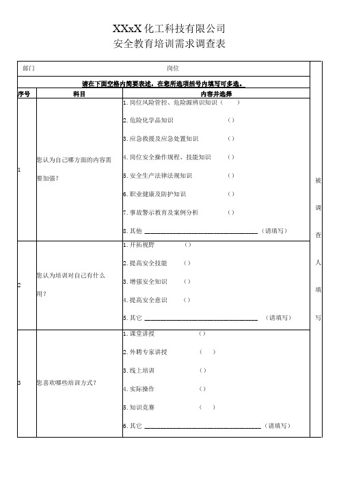 2023年职工安全教育培训需求调查表