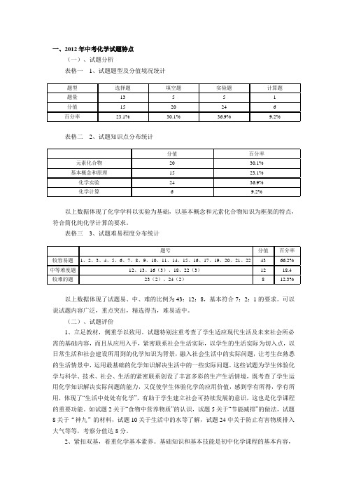 2012年辽宁沈阳中考化学试卷分析---王晓丹