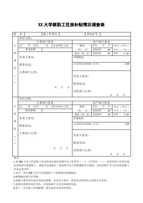 大学教职工住房补贴情况调查表