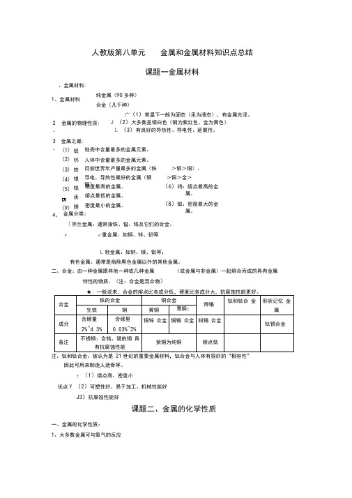 人教版九年级化学下册第八单元金属和金属材料知识点复习总结