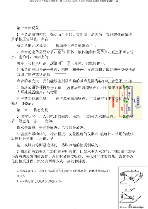 苏科版初中八年级教案物理上册知识总结点总结及总结复习练学习试题附答案解析计划