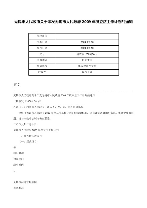 无锡市人民政府关于印发无锡市人民政府2009年度立法工作计划的通知-锡政发[2009]30号