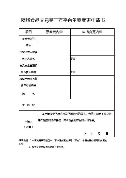 网络食品交易第三方平台备案变更申请书