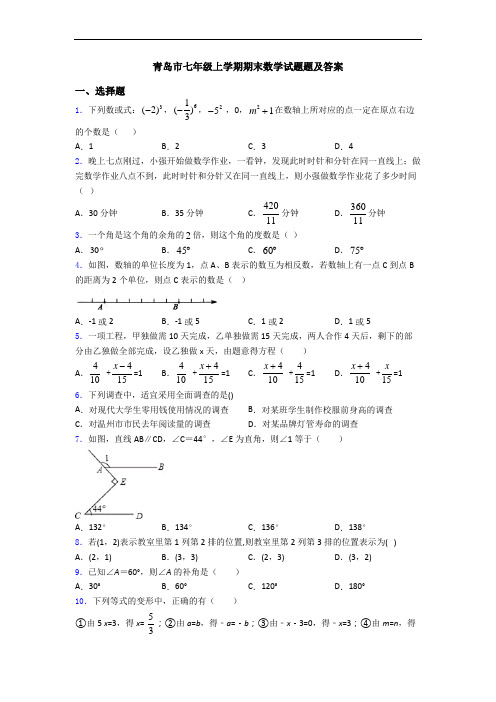 青岛市七年级上学期期末数学试题题及答案