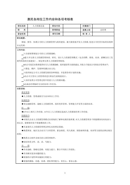 各岗位工作内容和各项考核表