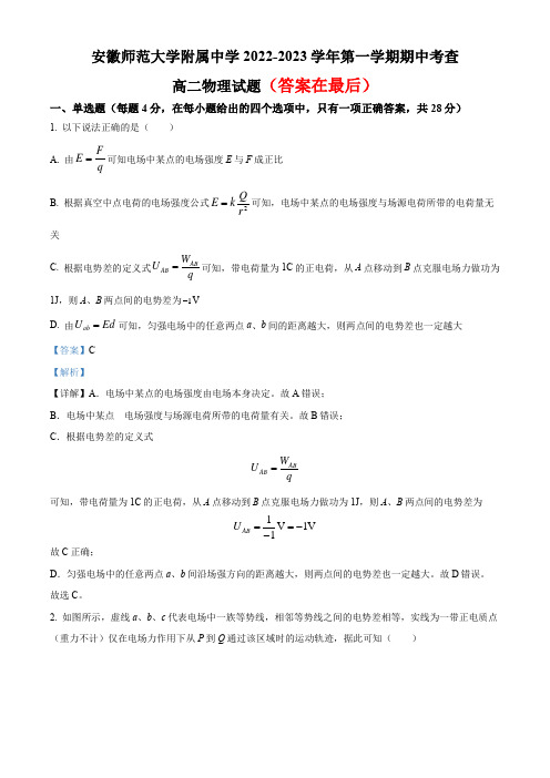 安徽省安徽师范大学附属中学2022-2023学年高二上学期期中考试物理试题含解析