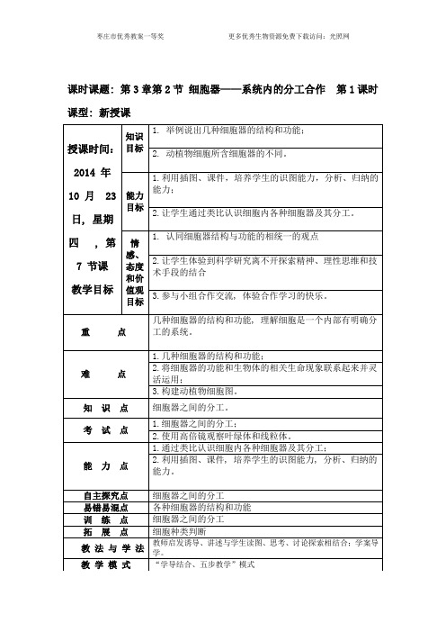 枣庄优秀教案评选一等奖—细胞器─系统内的分工合作1